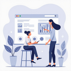 Промпт: "Flat illustration depicting tips for promoting through Google Ads, showcasing advertising elements, graphs, and a friendly atmosphere." Prompt: "Flat illustration depicting tips for promoting through Google Ads, showcasing advertising elements, graphs, and a friendly atmosphere."