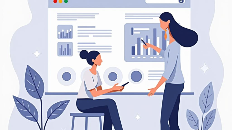 Промпт: "Flat illustration depicting tips for promoting through Google Ads, showcasing advertising elements, graphs, and a friendly atmosphere." Prompt: "Flat illustration depicting tips for promoting through Google Ads, showcasing advertising elements, graphs, and a friendly atmosphere."