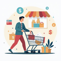 Промпт: "Flat illustration featuring tips for increasing average cart value in an OpenCart store, showcasing shopping elements like carts, products, and dollar signs in a vibrant, modern style." Перевод на английский: "Flat illustration featuring tips for increasing average cart value in an OpenCart store, showcasing shopping elements like carts, products, and dollar signs in a vibrant, modern style."