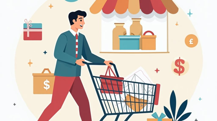 Промпт: "Flat illustration featuring tips for increasing average cart value in an OpenCart store, showcasing shopping elements like carts, products, and dollar signs in a vibrant, modern style." Перевод на английский: "Flat illustration featuring tips for increasing average cart value in an OpenCart store, showcasing shopping elements like carts, products, and dollar signs in a vibrant, modern style."