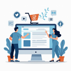 Промпт: "Flat illustration of a modern e-commerce blog on a computer screen, featuring shopping elements and social media icons, emphasizing effective promotion of an OpenCart store." Примечание: Прошу прощения за возможные изменения, но точные команды и интерфейсы могут варьироваться.