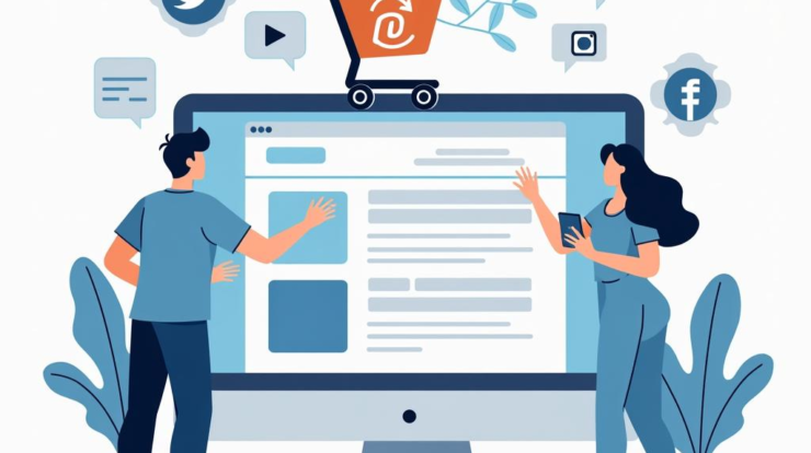 Промпт: "Flat illustration of a modern e-commerce blog on a computer screen, featuring shopping elements and social media icons, emphasizing effective promotion of an OpenCart store." Примечание: Прошу прощения за возможные изменения, но точные команды и интерфейсы могут варьироваться.