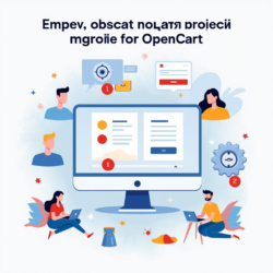 Промпт: "Флат иллюстрация процесса создания темы для OpenCart с нуля, с элементами дизайна, кодирования и разработки, яркие цвета и простые формы." Prompt: "Flat illustration of the process of creating a theme for OpenCart from scratch, featuring design, coding, and development elements, with bright colors and simple shapes."