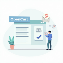 Флат иллюстрация, изображающая процесс настройки системы рассылок в OpenCart, с элементами электронной коммерции, интерфейса пользователя и почтовых уведомлений. Flat illustration depicting the process of setting up the mailing system in OpenCart, featuring elements of e-commerce, user interface, and email notifications.