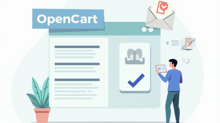 Флат иллюстрация, изображающая процесс настройки системы рассылок в OpenCart, с элементами электронной коммерции, интерфейса пользователя и почтовых уведомлений. Flat illustration depicting the process of setting up the mailing system in OpenCart, featuring elements of e-commerce, user interface, and email notifications.