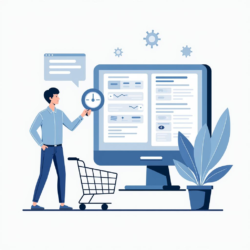 Промпт: "Flat illustration of a person configuring a return management system in OpenCart, with user interface elements and a shopping cart background." Prompt: "Flat illustration of a person configuring a return management system in OpenCart, with user interface elements and a shopping cart background."