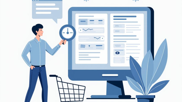 Промпт: "Flat illustration of a person configuring a return management system in OpenCart, with user interface elements and a shopping cart background." Prompt: "Flat illustration of a person configuring a return management system in OpenCart, with user interface elements and a shopping cart background."