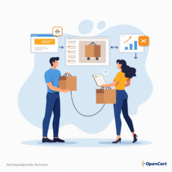 Промпт: "Flat illustration of OpenCart integration with warehouse management systems, showcasing seamless connection and efficiency." Translation: "Flat illustration of OpenCart integration with warehouse management systems, showcasing seamless connection and efficiency."