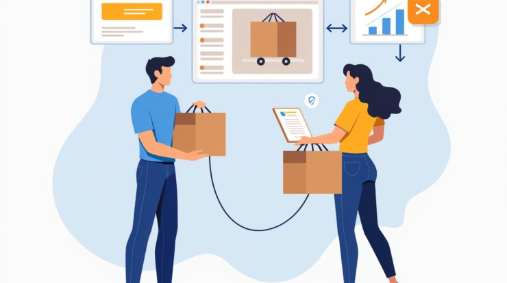 Промпт: "Flat illustration of OpenCart integration with warehouse management systems, showcasing seamless connection and efficiency." Translation: "Flat illustration of OpenCart integration with warehouse management systems, showcasing seamless connection and efficiency."