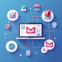 Промпт: "Flat illustration of integrating OpenCart with mailing management systems, showcasing connections and data flow in a vibrant and modern style." Prompt: "Flat illustration of integrating OpenCart with mailing management systems, showcasing connections and data flow in a vibrant and modern style."