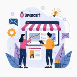 Флат иллюстрация, изображающая интеграцию OpenCart с рекламными системами, с элементами электронной коммерции и рекламы, яркие цвета, современный стиль. --- Flat illustration depicting the integration of OpenCart with advertising management systems, featuring elements of e-commerce and advertising, bright colors, modern style.