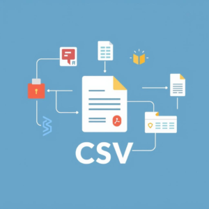 Флат иллюстрация модуля "CSV" в make.com, с яркими цветами, простыми формами и понятными иконками, символизирующими обработку данных и интеграцию. Flat illustration of the "CSV" module in make.com, featuring bright colors, simple shapes, and clear icons symbolizing data processing and integration.