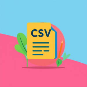 Флат иллюстрация модуля "CSV" в make.com, простые формы, яркие цвета, современные и минималистичные элементы, символизирующие обработку данных. Flat illustration of the "CSV" module in make.com, simple shapes, bright colors, modern and minimalist elements symbolizing data processing.