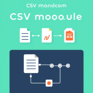 Flat illustration of the CSV module in make.com, featuring icons of data tables, a flowchart, and connections, with a modern and clean design.