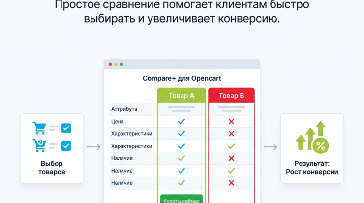 Сравнение товаров с Compare+ для Opencart облегчает выбор и улучшает пользовательский опыт, что приводит к увеличению продаж. Убедитесь, что ваш интернет-магазин идет в ногу с конкурентами — узнайте больше о Compare+!