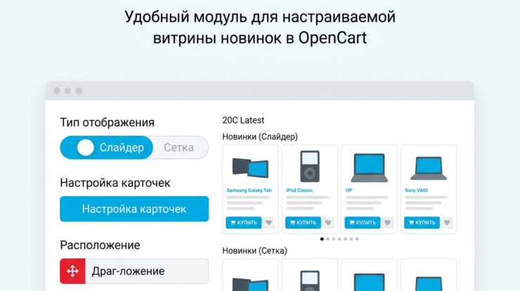 Управление витриной новых товаров может стать настоящей головной болью для владельцев интернет-магазинов. Без правильного подхода ваша работа может затянуться, а конверсии — заметно упасть. Модуль для OpenCart предлагает гибкие настройки отображения новинок: вы сможете выбрать между слайдером и сеткой, настроить элементы карточек и место размещения, а также задать уникальные стили для каждой витрины. Это поможет вам повысить CTR и средний чек, настроить персонализированный пользовательский путь и легко управлять показом новинок, что значительно упростит жизнь и сэкономит время.