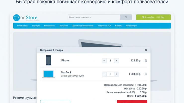 Увеличьте свою конверсию с помощью всплывающей корзины Opencart. Этот инструмент упрощает покупку и улучшает пользовательский опыт, что приведет к росту продаж. Узнайте, как легко интегрировать его в свой интернет-магазин!
